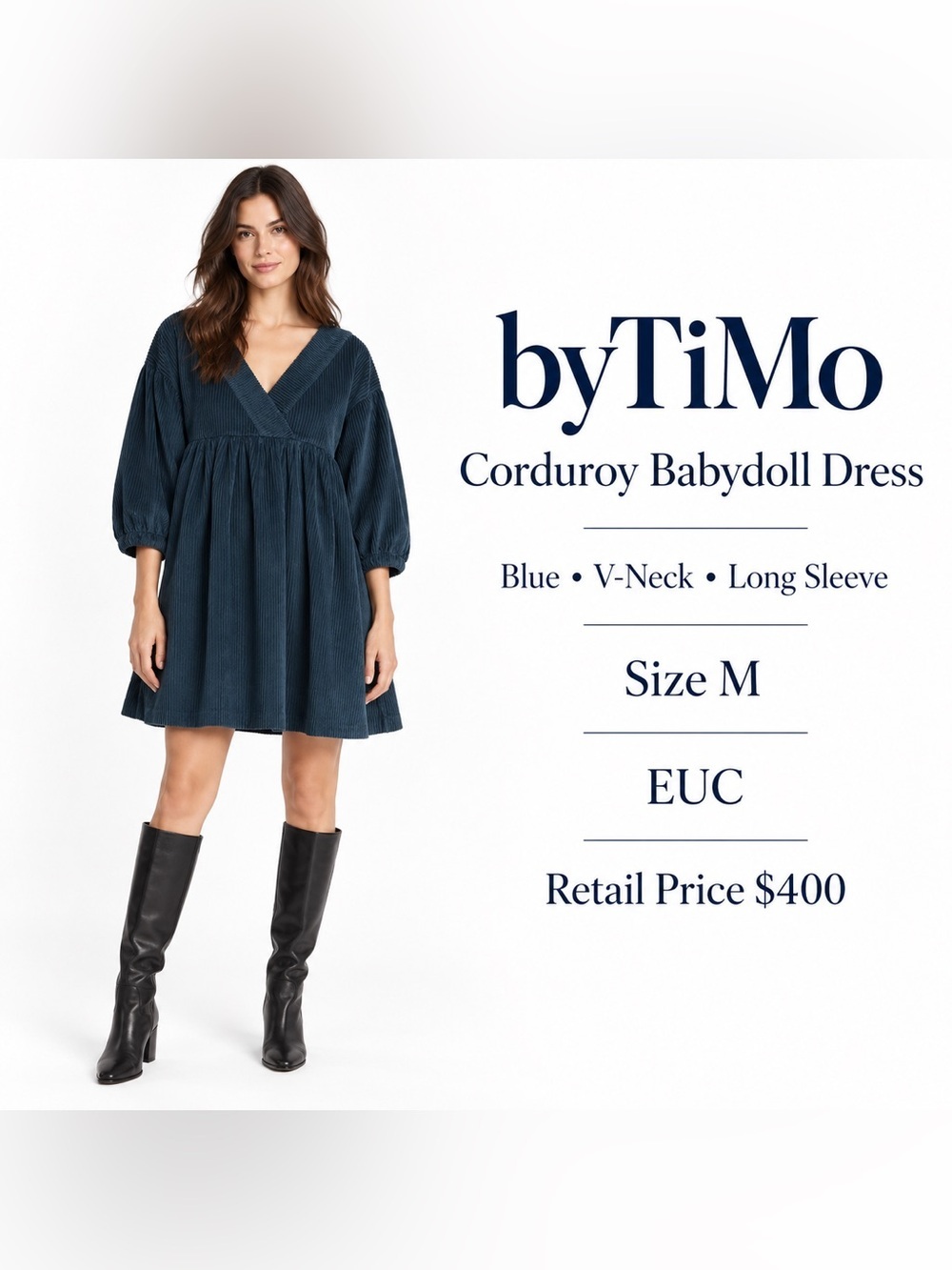 byTiMo Corduroy Babydoll Dress Blue V-Neck Long Sleeve Size M